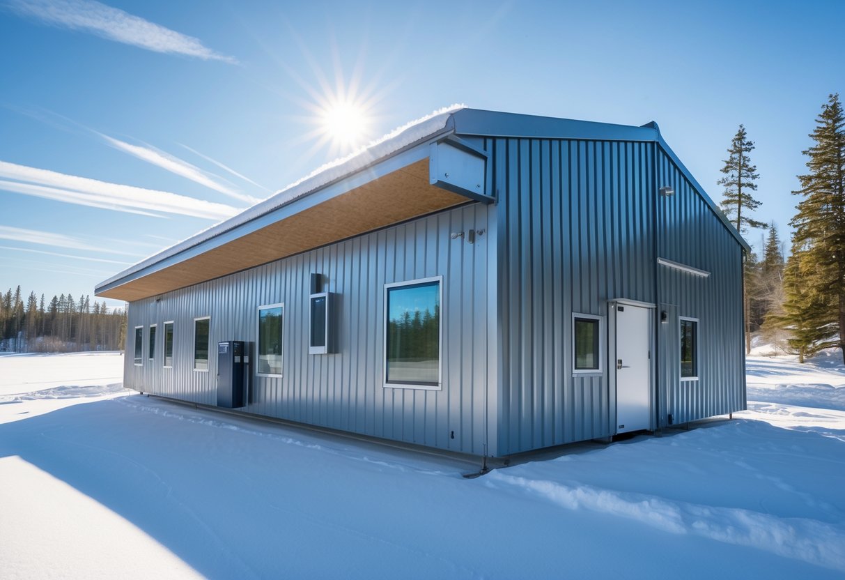 A steel building in a snowy landscape designed to withstand cold weather with snow-covered ground and clear sky.