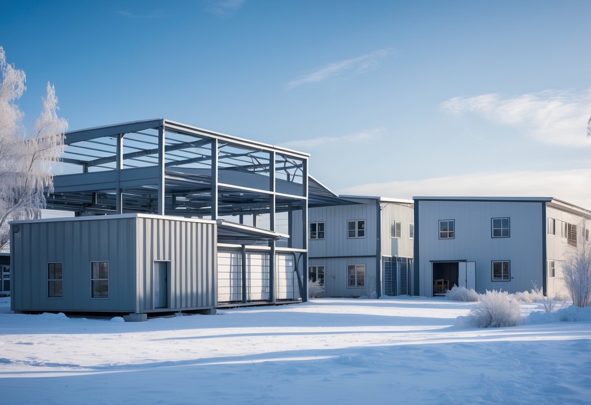 Several steel buildings in a snowy landscape with frost-covered trees under a clear winter sky.
