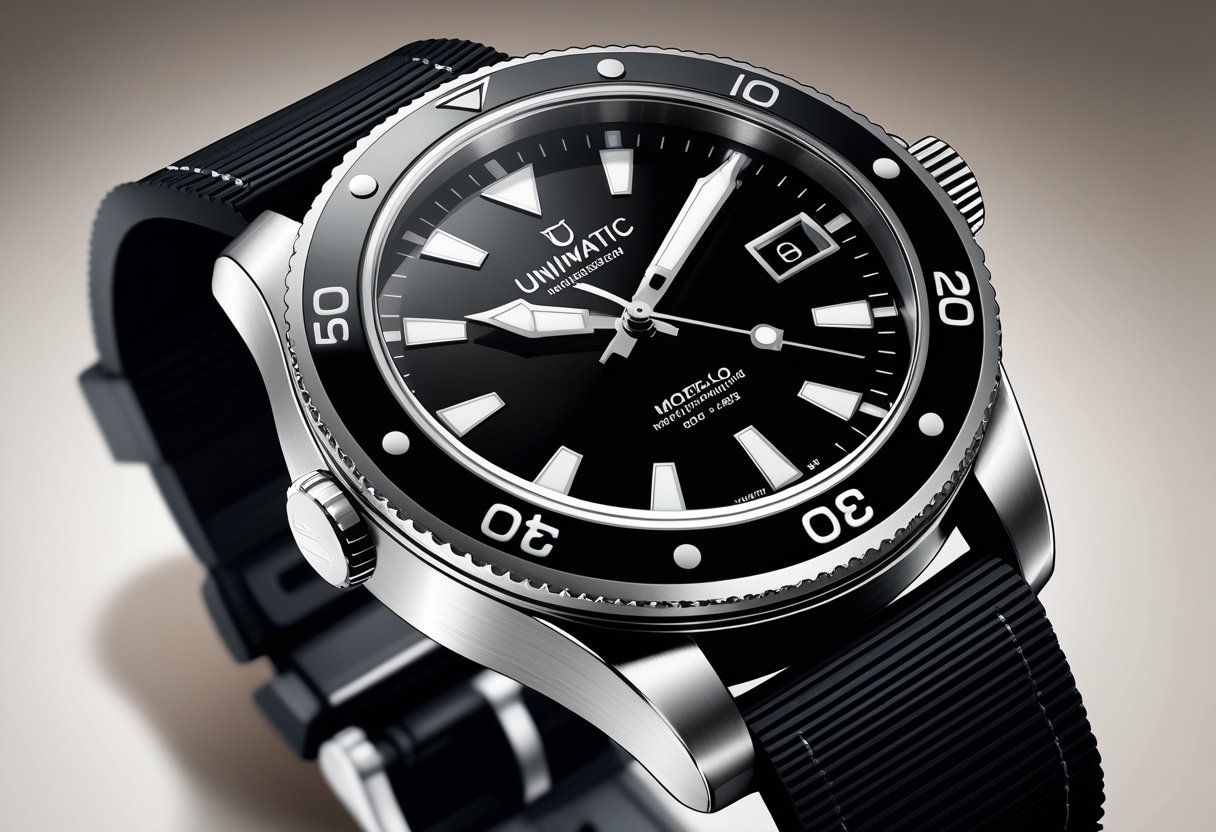 A detailed illustration of a Unimatic Modello Due wristwatch with a black dial, stainless steel case, and black strap.