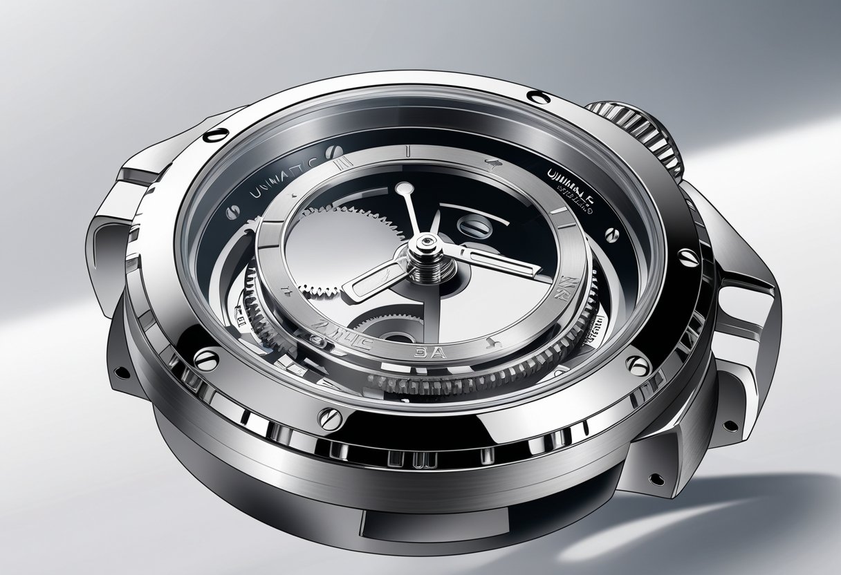 Close-up illustration of the Unimatic Modello Due watch showing its case construction and internal components in an exploded view.