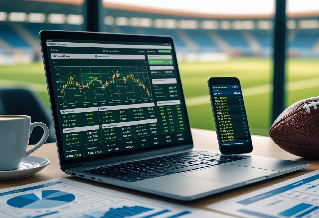 Meja kerja dengan laptop menampilkan statistik sepak bola, ponsel dengan skor pertandingan, bola sepak, dan latar stadion sepak bola.