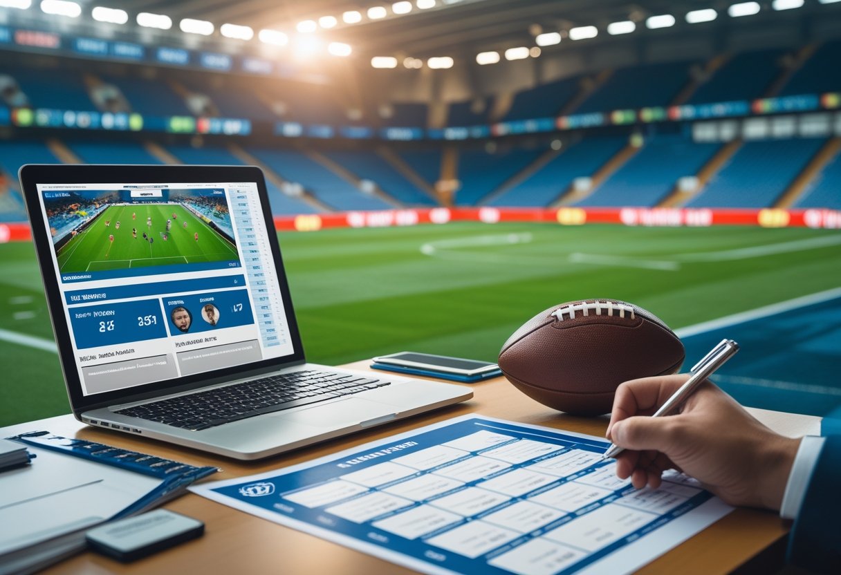 Seseorang sedang menganalisis data prediksi bola dengan laptop, lembar lineup pemain, dan bola sepak di meja, latar belakang menampilkan pertandingan sepak bola.