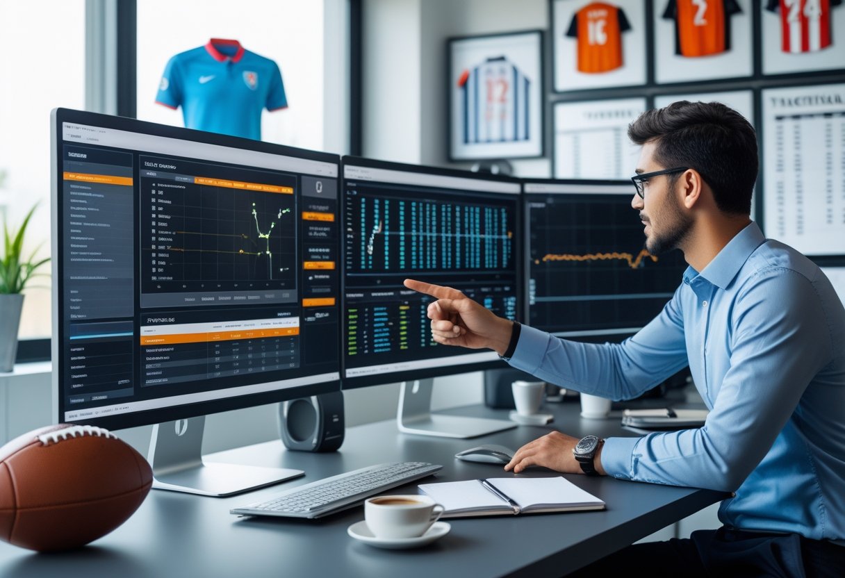 Seorang profesional sedang menganalisis data lineup sepak bola di depan beberapa monitor komputer dalam ruang kerja yang rapi dan terang.
