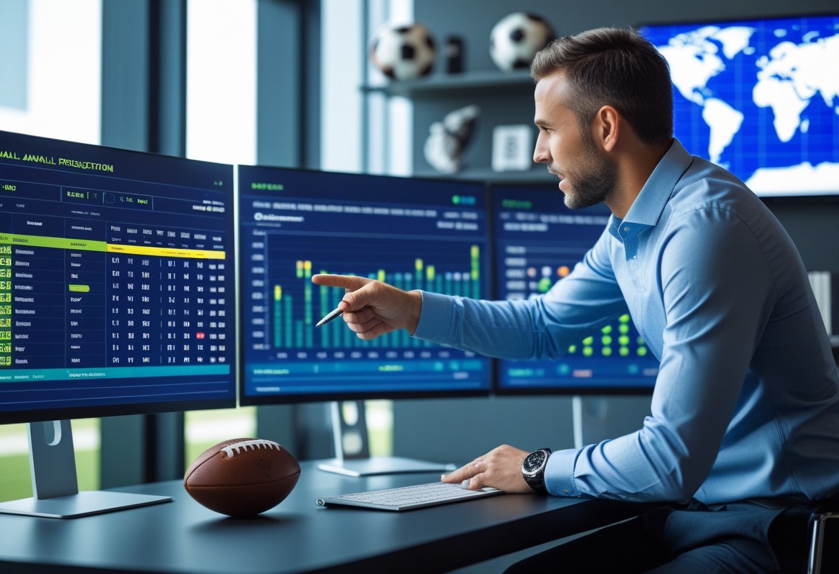 Seorang analis olahraga sedang melihat layar komputer dengan grafik susunan pemain sepak bola dan statistik di meja kerja yang rapi.