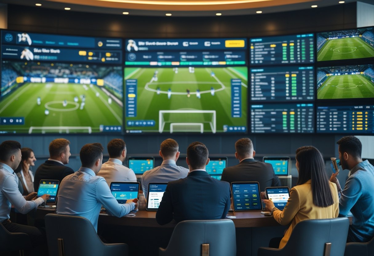 Orang-orang sedang bertaruh pada pertandingan sepak bola di sebuah ruang taruhan olahraga modern dengan layar besar yang menampilkan pertandingan dan peluang taruhan.