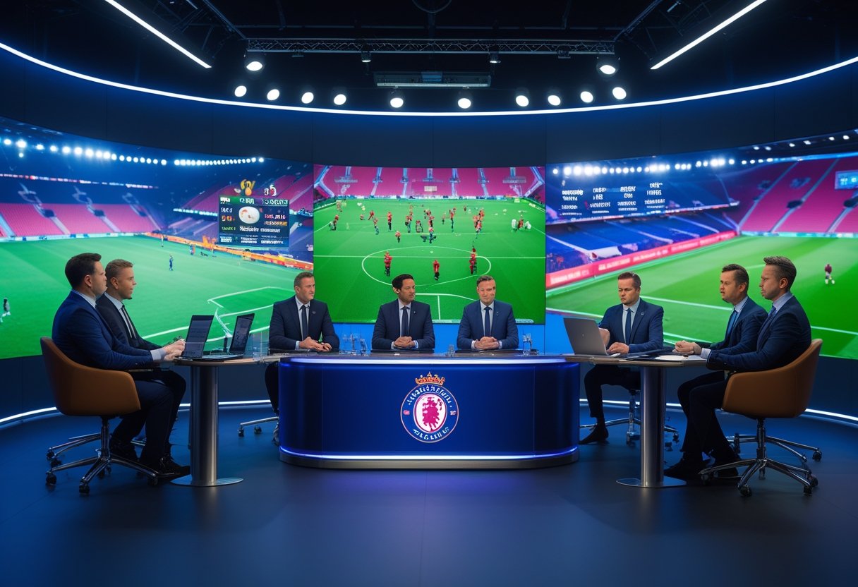 Para analis sepak bola sedang berdiskusi di studio dengan layar besar menampilkan statistik dan formasi pertandingan sepak bola.