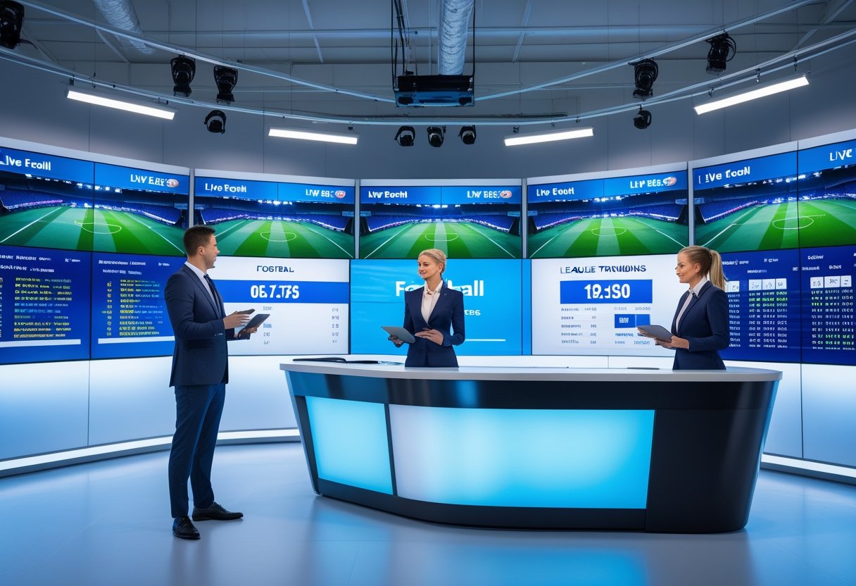 Dua presenter olahraga di studio berita dengan layar besar menampilkan statistik dan klasemen pertandingan sepak bola malam ini.