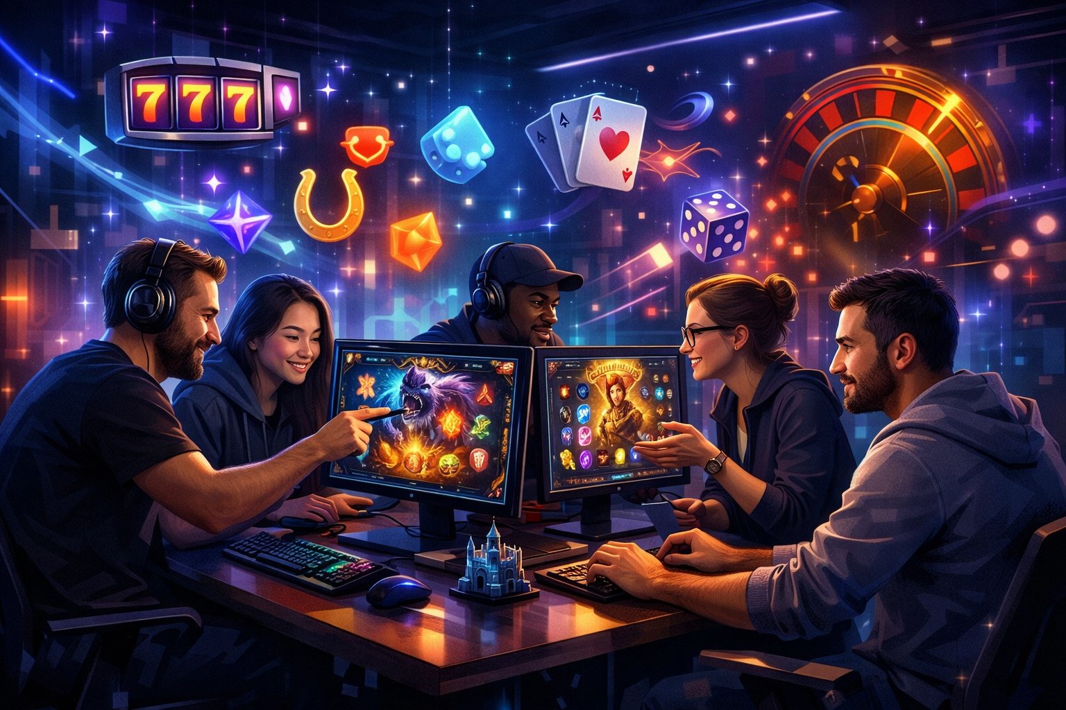 A Team Of Game Developers Working Together In A Modern Office With Colorful Casino Game Graphics And Abstract Digital Elements Around Them.
