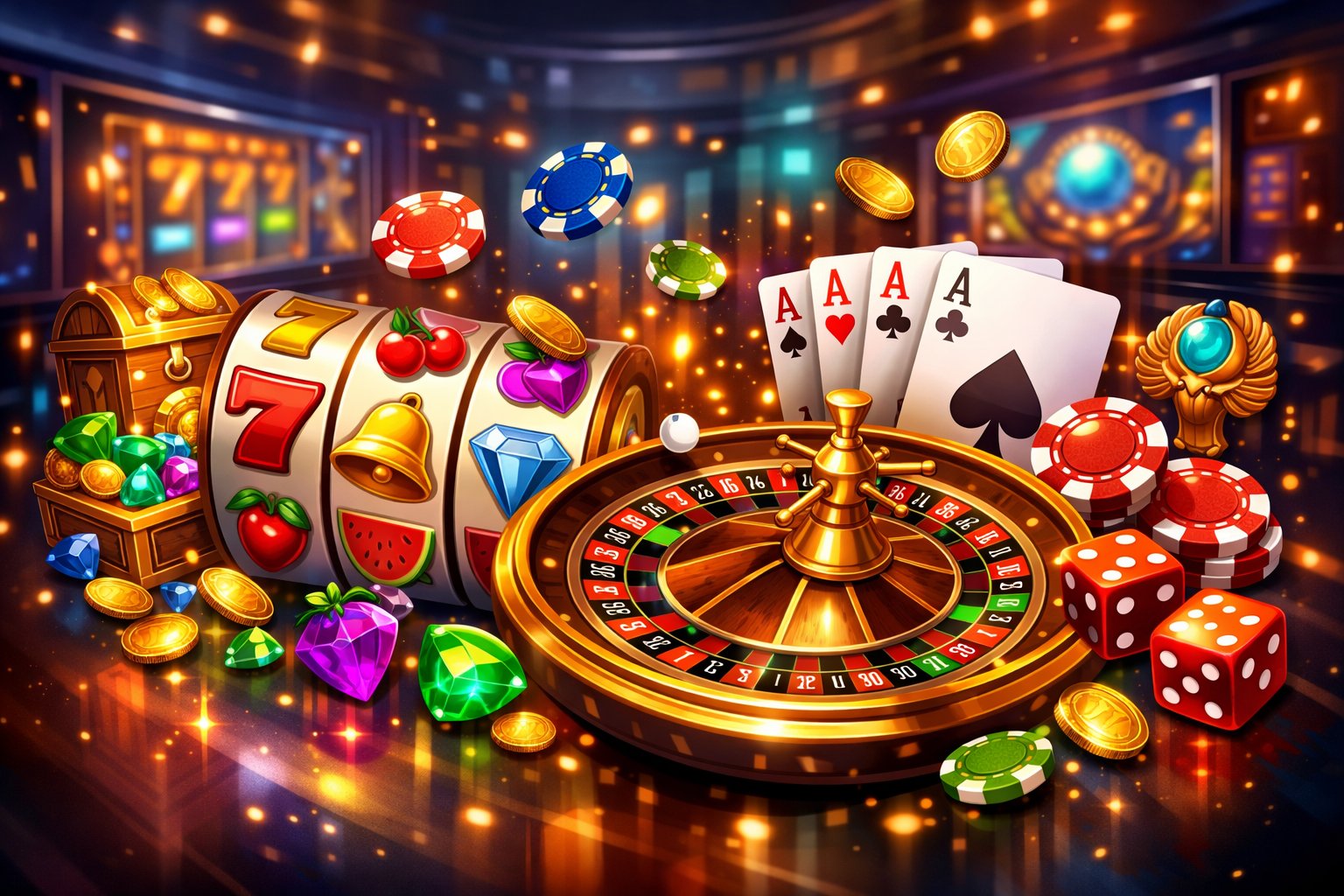 A Colorful Scene Showing Slot Machine Reels, A Roulette Wheel With Chips, And Poker Cards In A Modern Casino Setting.