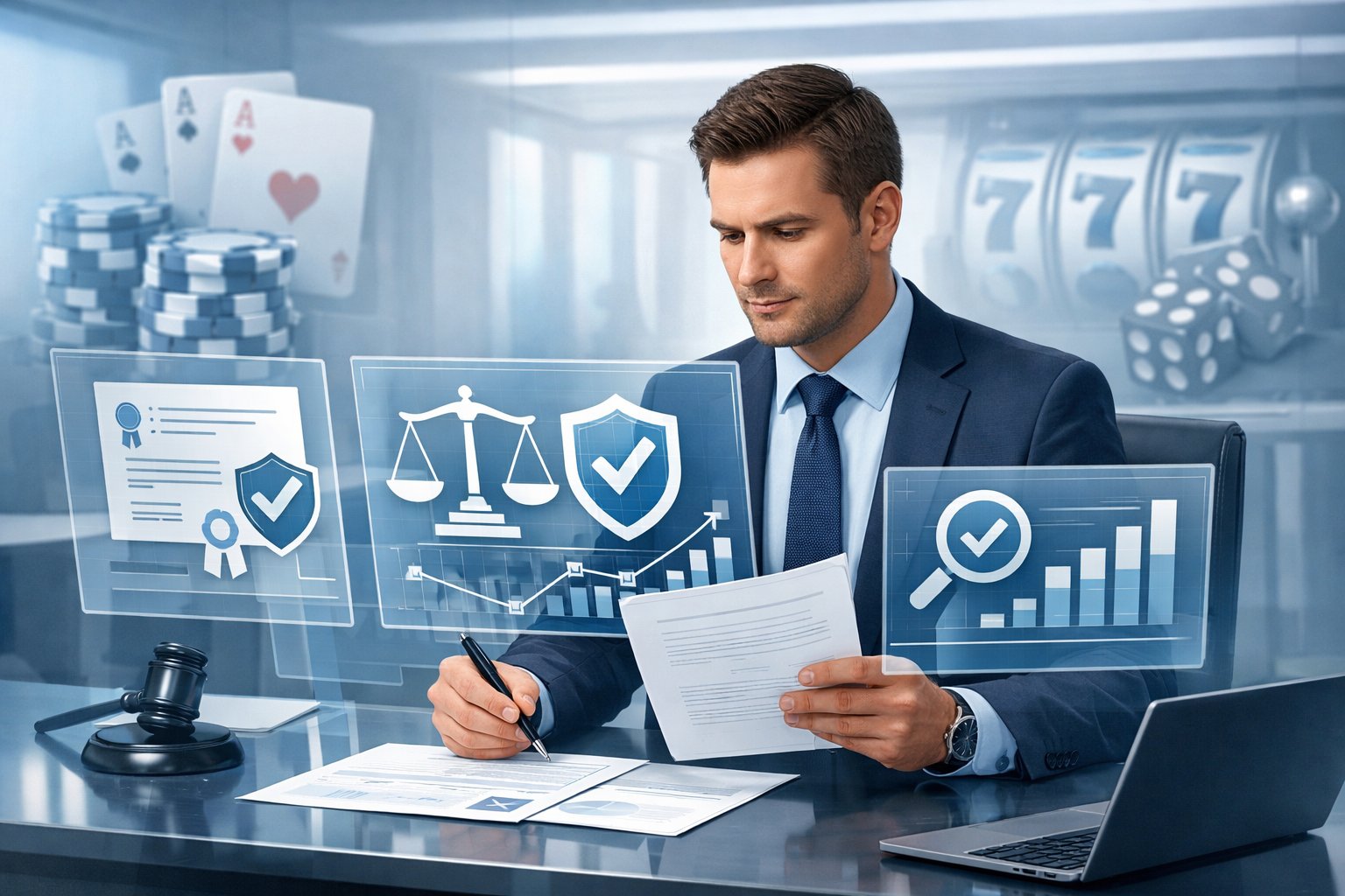 A Business Professional Reviewing Documents And Data Related To Licensing And Compliance In A Casino Game Provider Office Setting With CasinoRelated Elements In The Background.