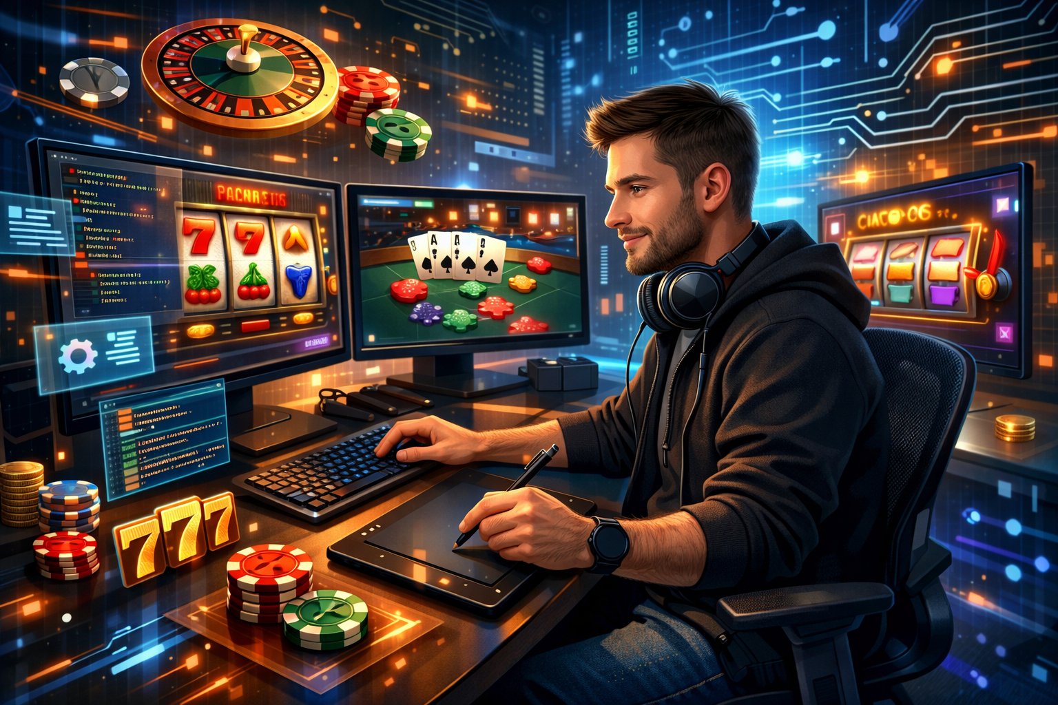 A Game Developer Working At A Desk With Multiple Screens Showing Casino Game Graphics And Digital Coding Elements Around Them.