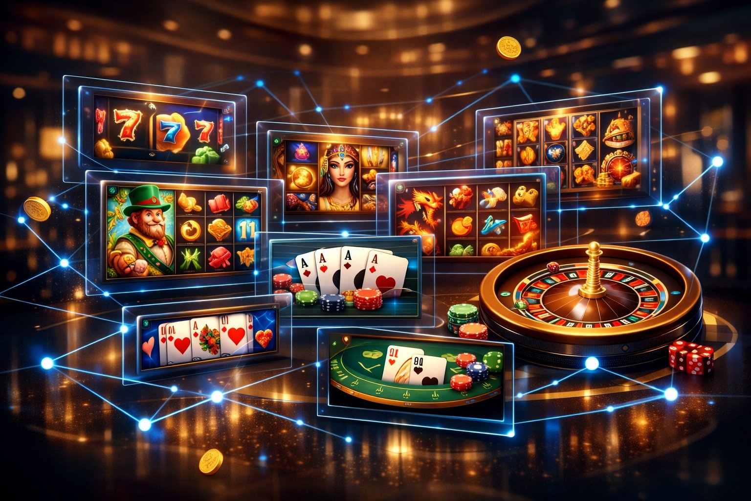 A Digital Casino Game Interface Showing Various Slot Machines, Card Games, And Roulette Wheels On Floating Screens In A Modern Casino Setting.