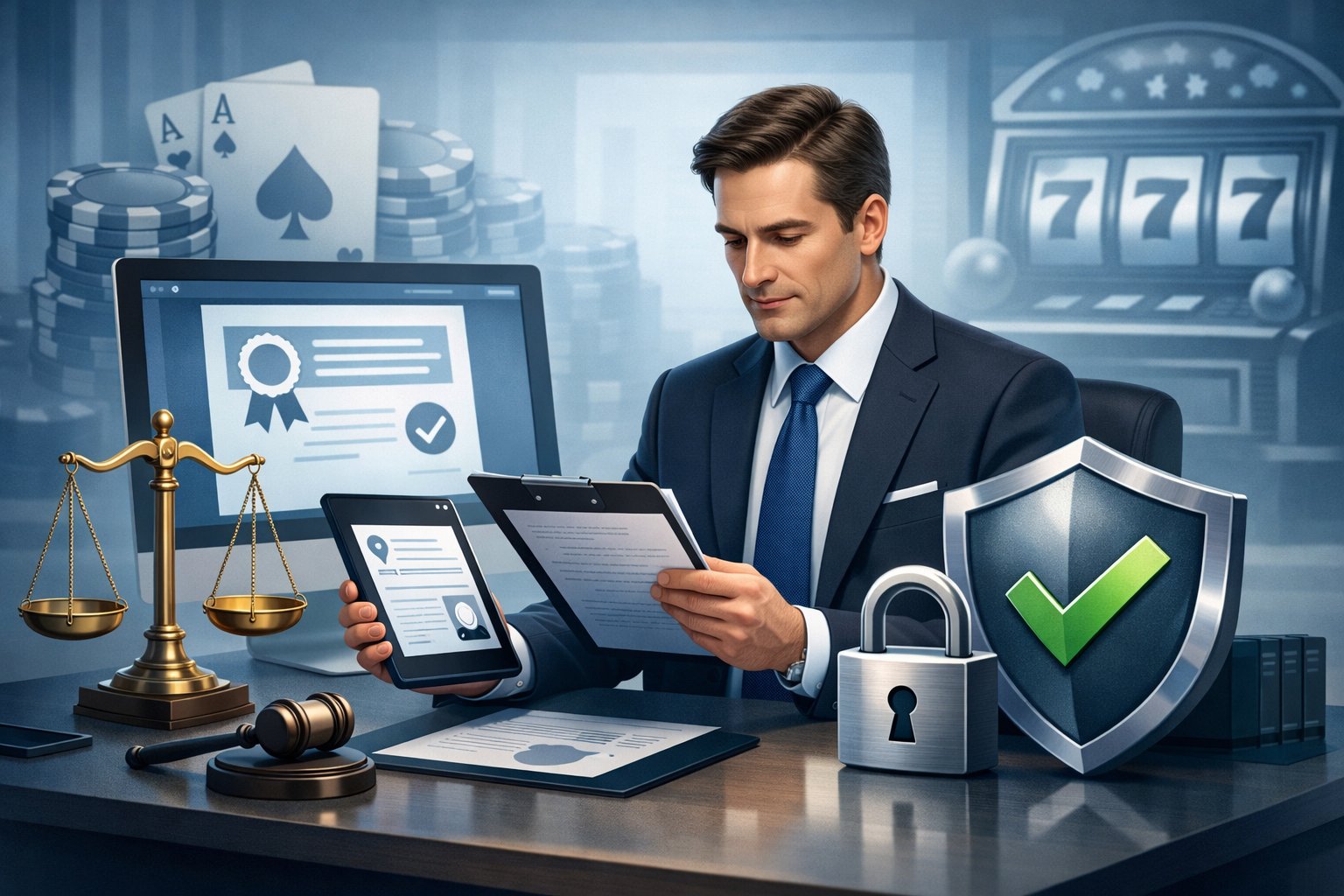 A Business Professional Reviewing Documents And Digital Certificates Related To Licensing And Compliance With Casino Game Elements In The Background.