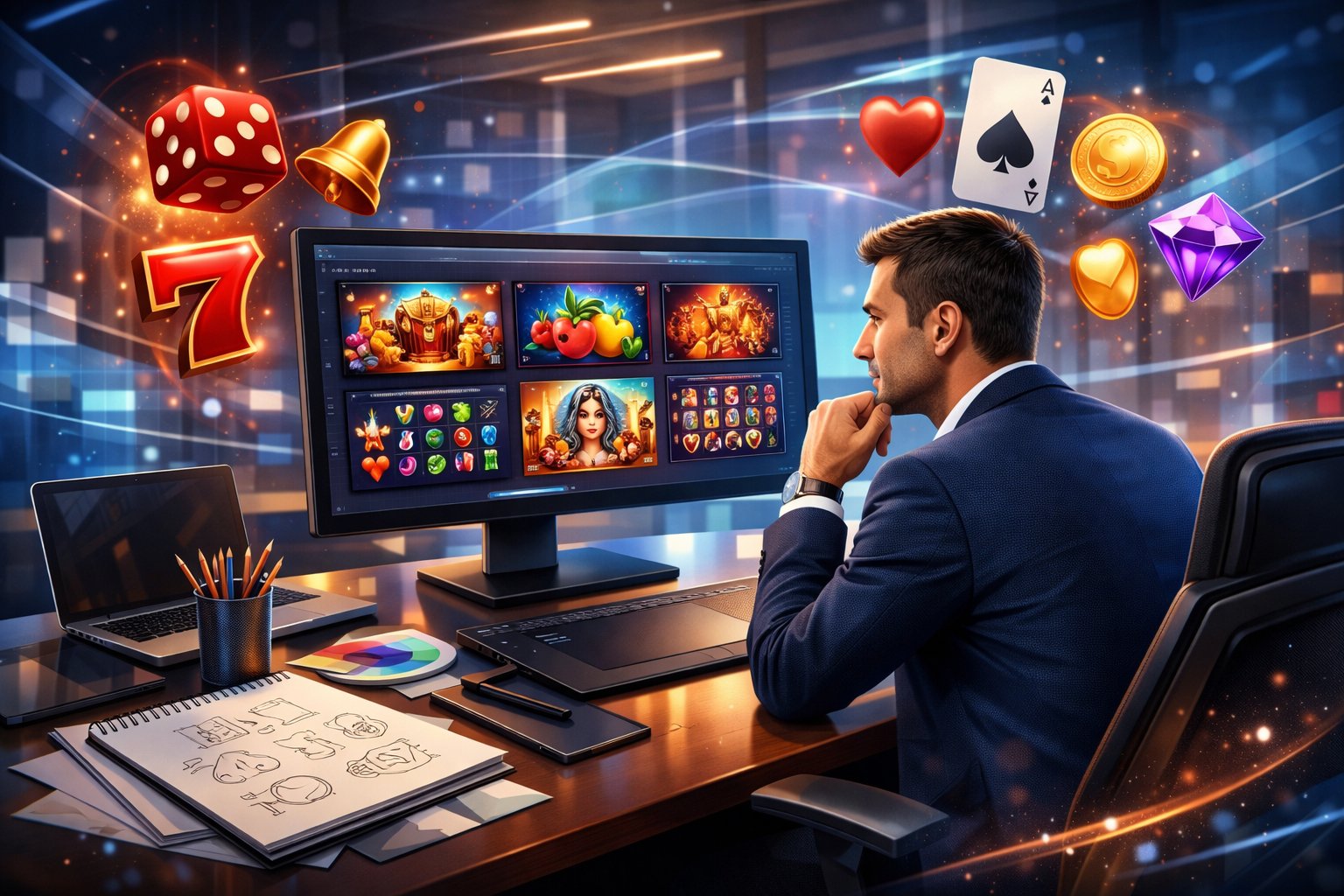 A Business Professional Reviewing Digital Casino Game Designs In A Modern Office With Gaming Symbols And Technology Elements Around.