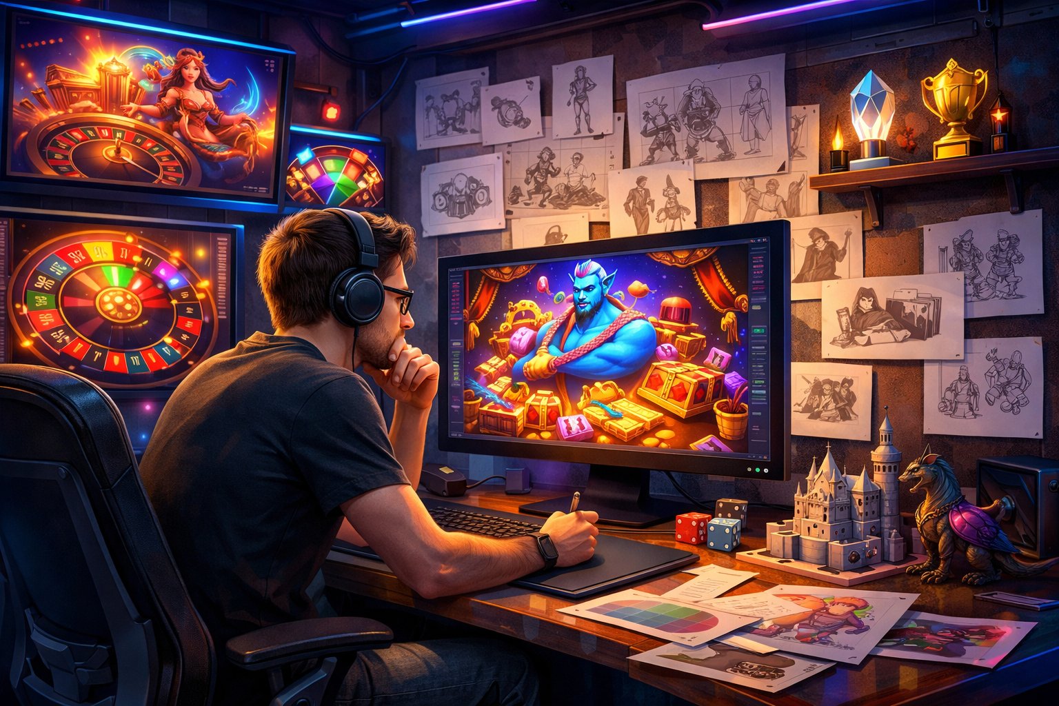 A Game Developer Working In A Studio Surrounded By Colorful Casino Game Graphics And Design Materials.