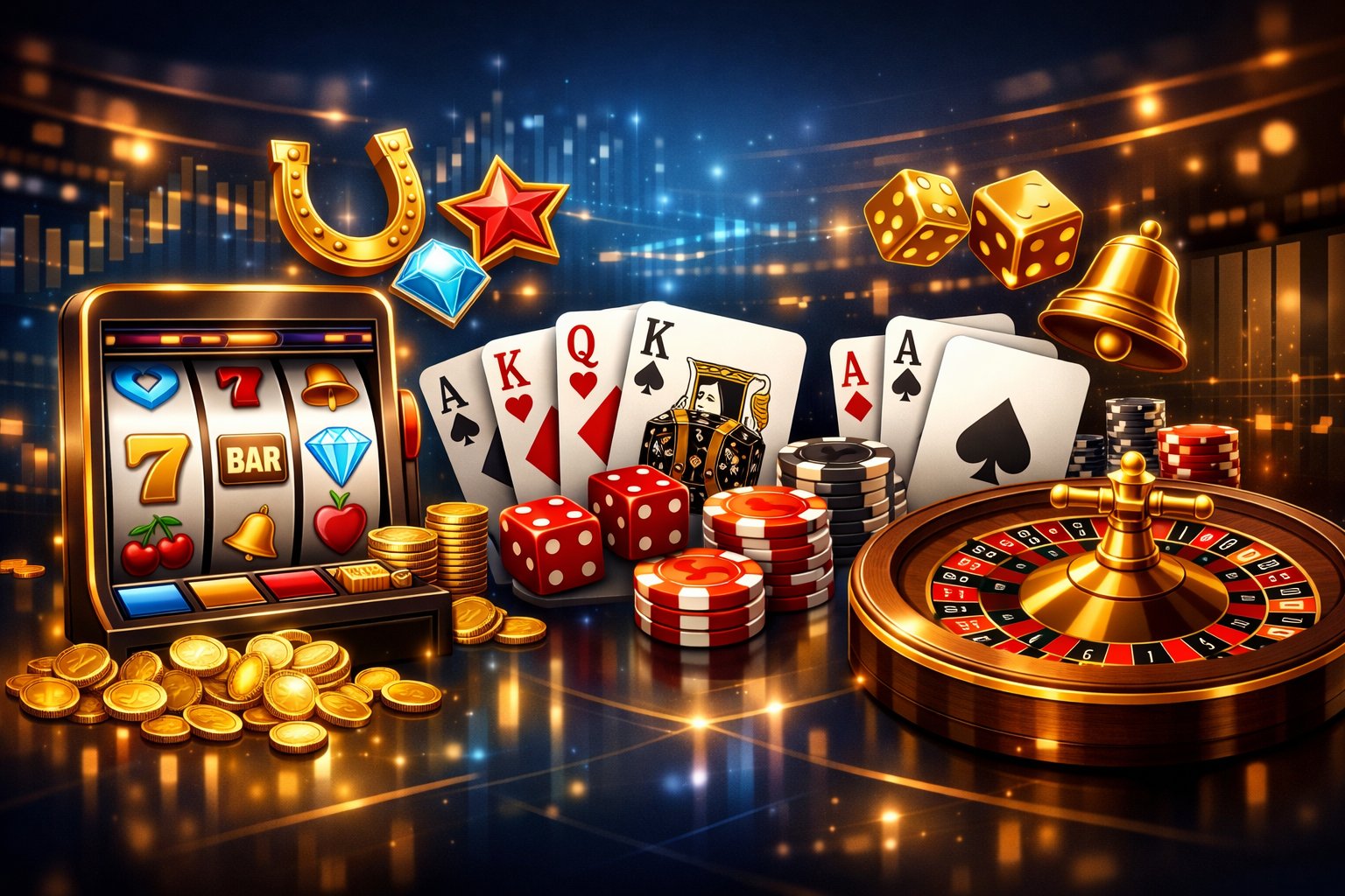 A Digital Interface Displaying A Variety Of Casino Games Including Slot Machines, Card Games, And Roulette Wheels In A Modern Gaming Environment.