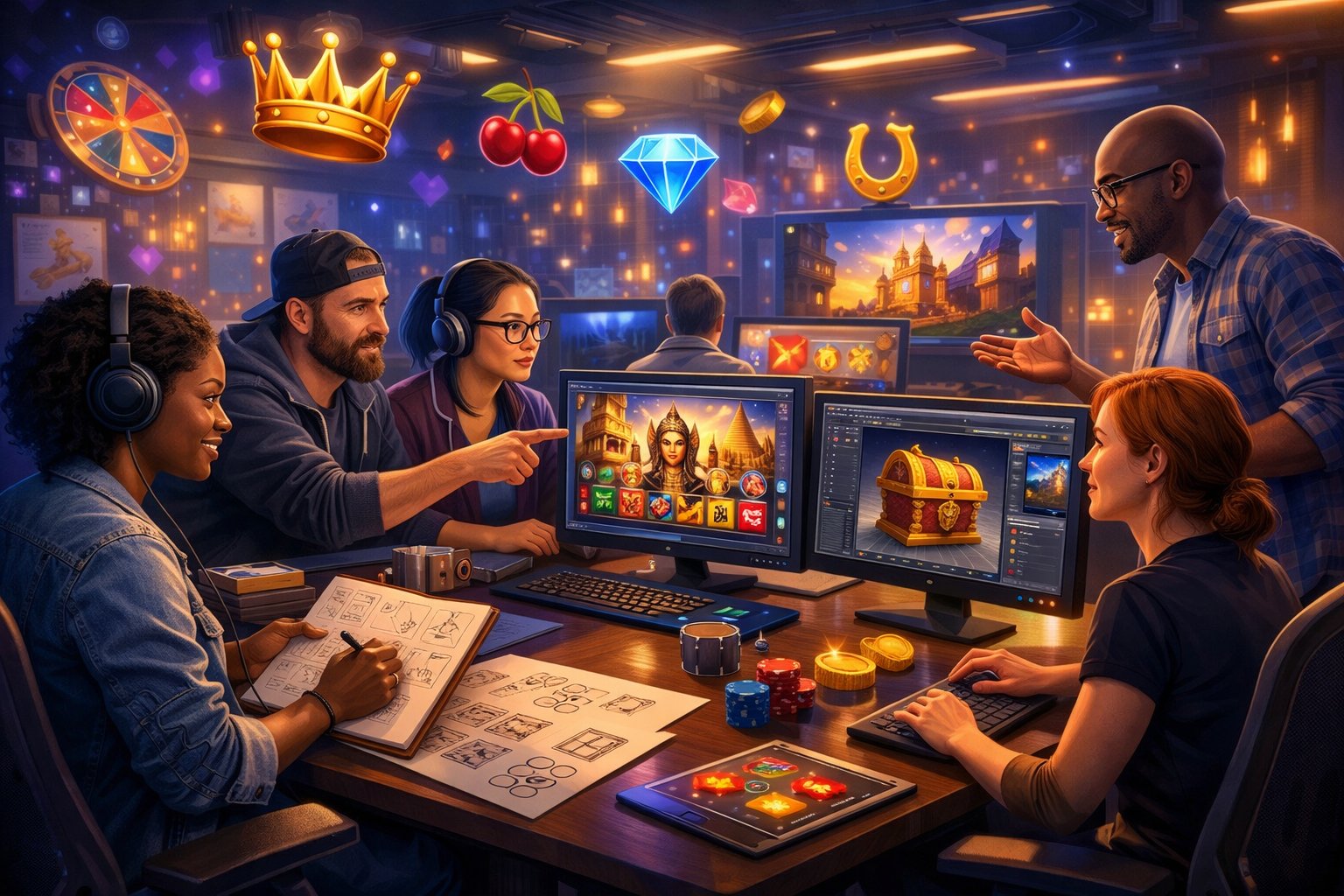 A Group Of Developers Working Together In A Modern Studio With Computer Screens Showing Colorful Casino Game Graphics And Design Elements Around Them.