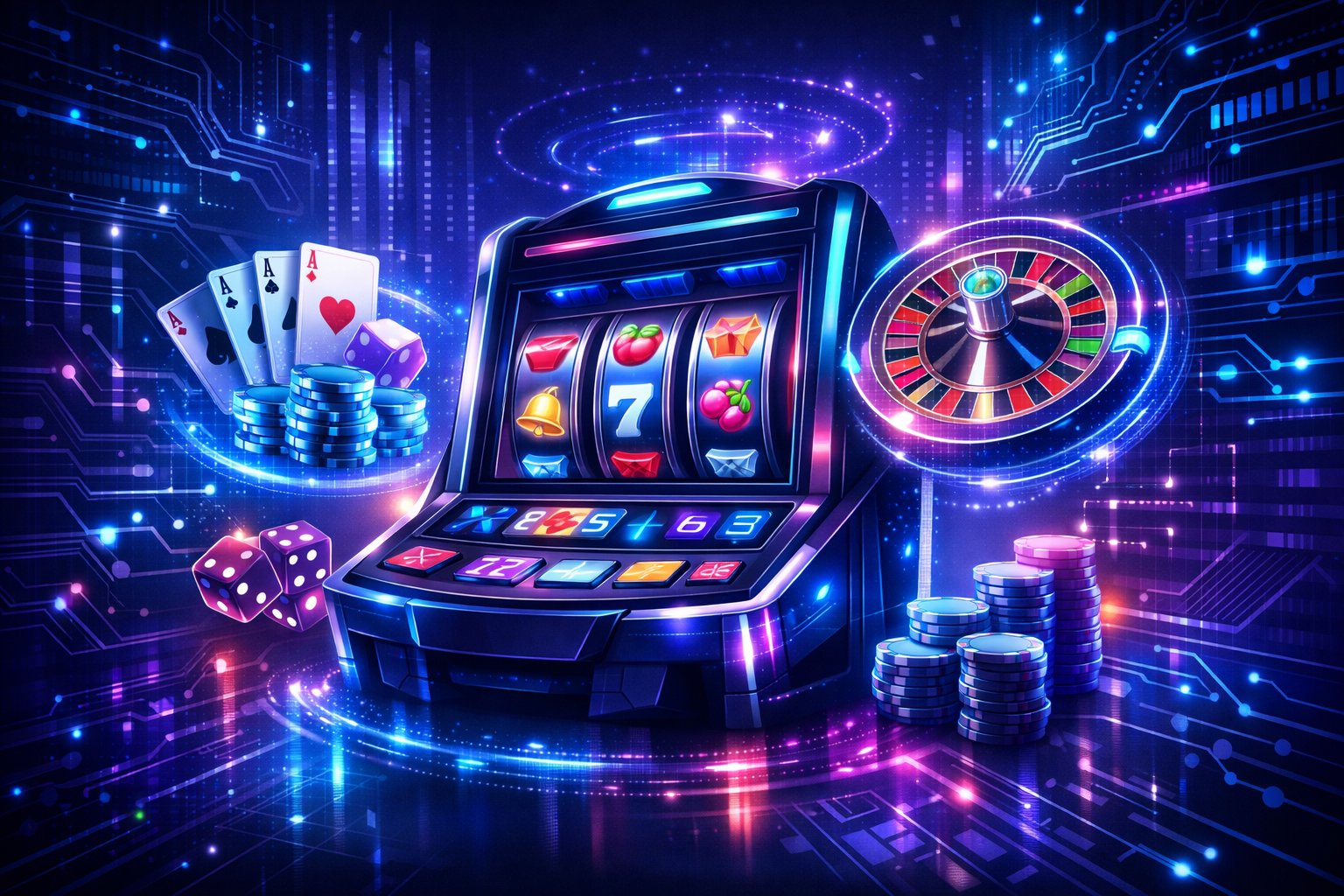 A Futuristic Digital Casino Scene With A HighTech Gaming Console Surrounded By Glowing Holographic Game Elements And Abstract Technology Patterns.