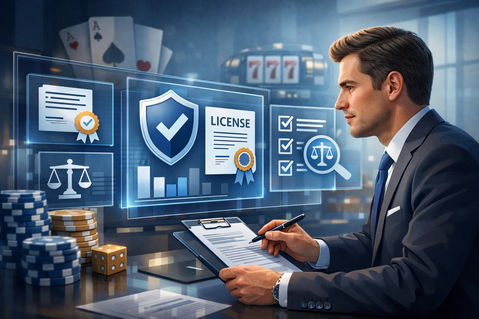 A Business Professional Reviewing Digital Documents And Compliance Icons In An Office With Subtle Casino Elements In The Background.