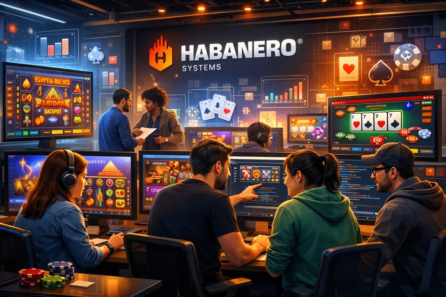 A Modern Gaming Studio With Developers Working On Casino Game Designs And Computer Screens Showing Colorful Slot Machines And Card Games.