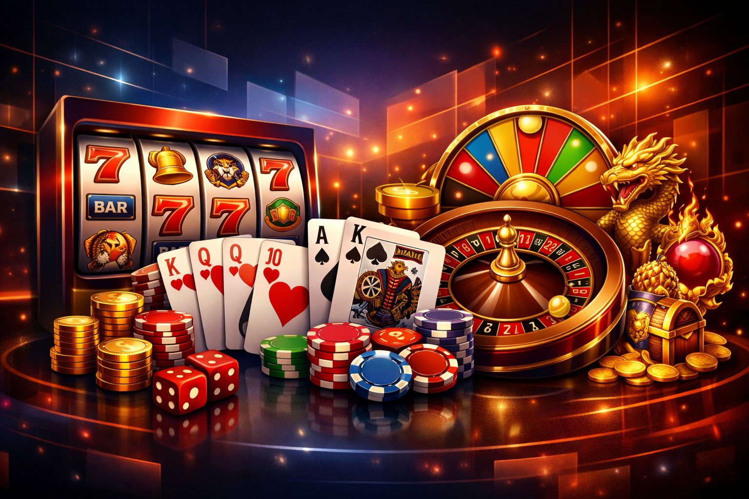 A Digital Display Showing A Variety Of Casino Games Including Slot Machines, Card Games, And Roulette Wheels In A Modern Gaming Environment.