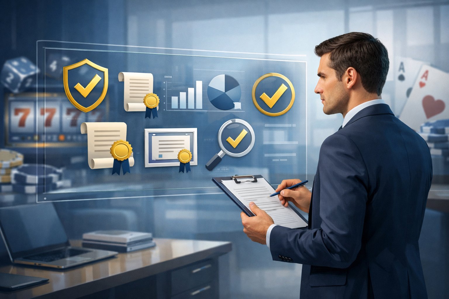 A Business Professional Reviewing Digital Documents With Legal Icons And Casino Elements In A Modern Office Setting.