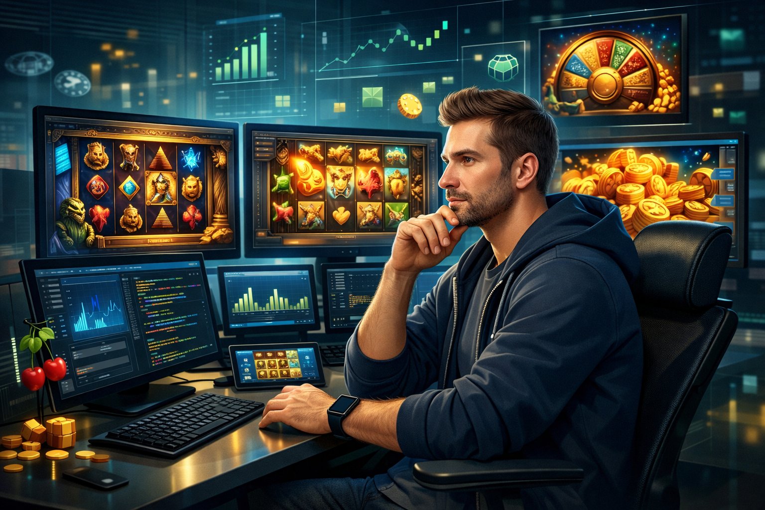A Game Developer In An Office Surrounded By Multiple Computer Screens Showing Casino Game Graphics And Data, Focused On Creating Innovative Casino Games.