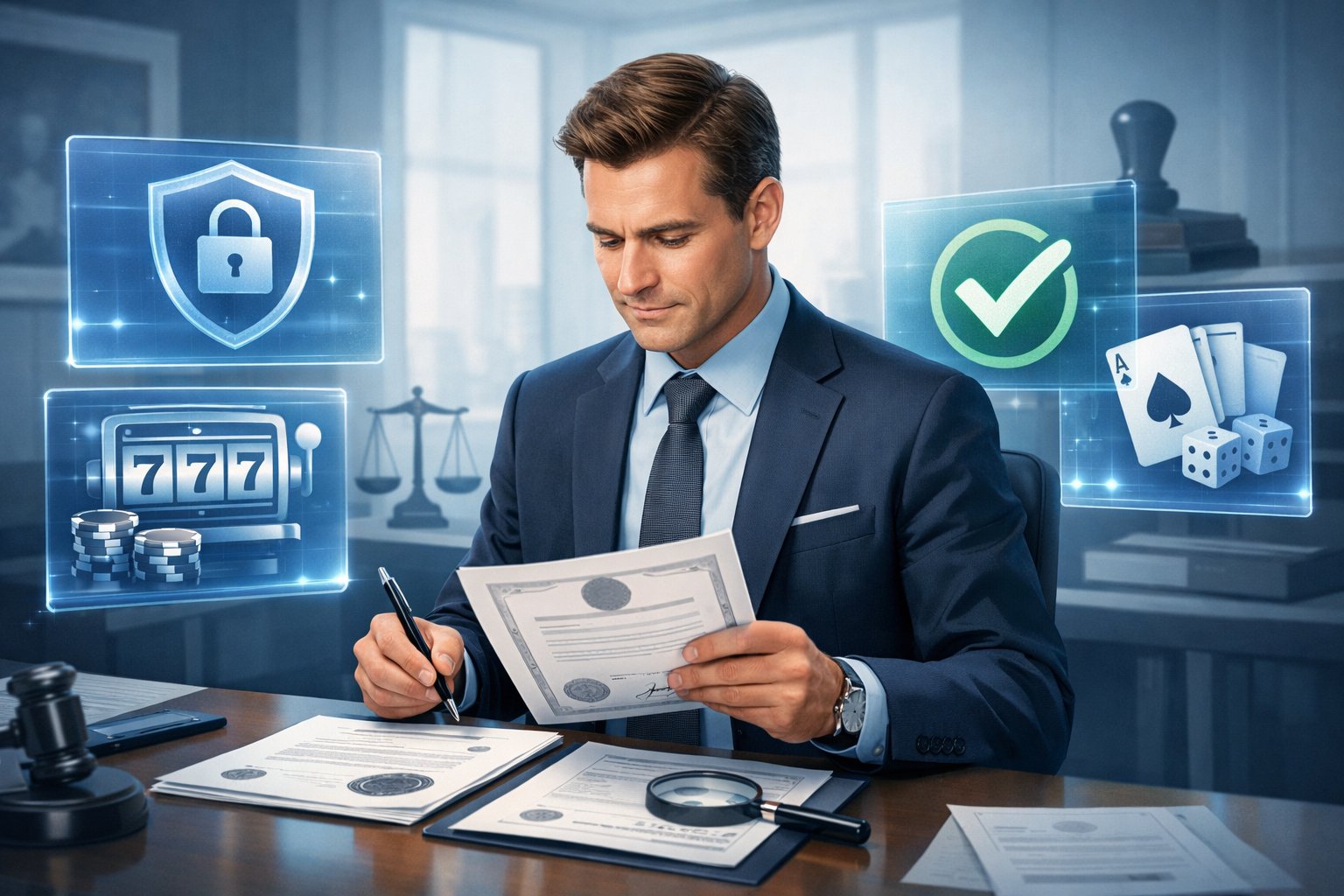 A Business Professional Reviewing Documents With Digital Screens Showing Security And Casino Game Icons In A Modern Office Setting.