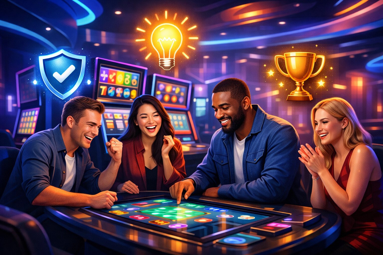 A Casino Scene Showing People Playing Slot Machines And Digital Games, Surrounded By Icons Representing Security, Innovation, And Rewards.