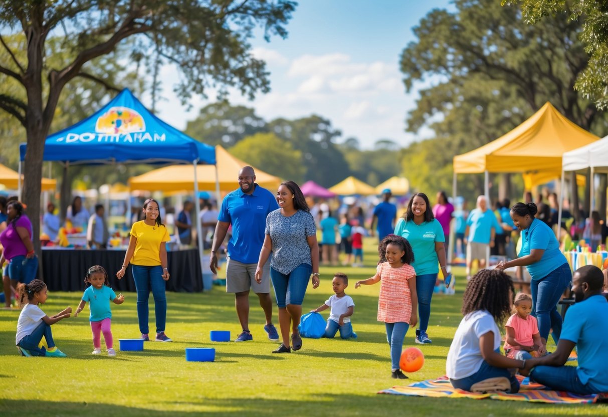 Families and community members enjoying a sunny outdoor event with children playing and people gathered in a park.