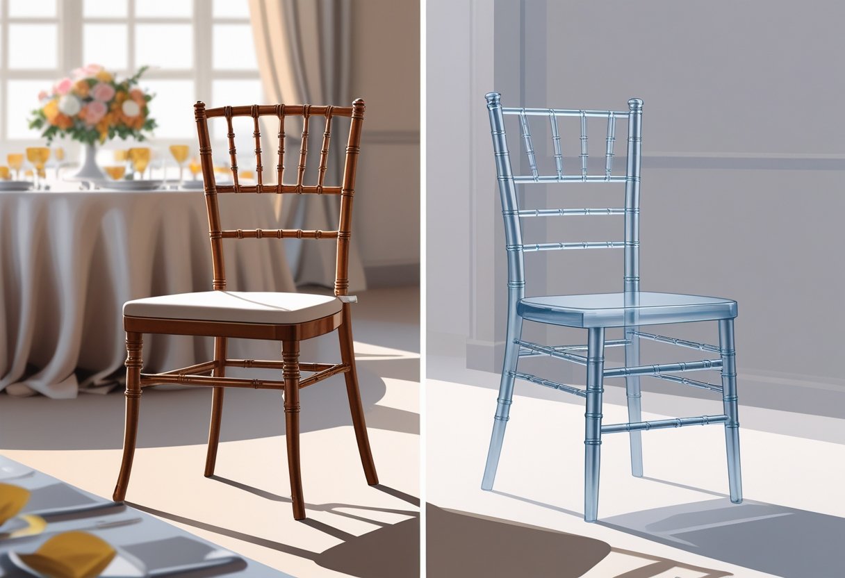 Two event chairs side by side, one wooden Chiavari chair and one modern resin chair, displayed in an event setting with a banquet table in the background.