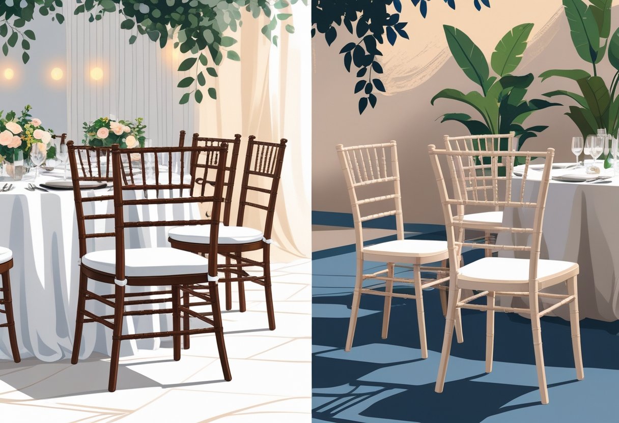 Two types of chairs side by side at an event: wooden Chiavari chairs around a formal dining table and modern resin chairs around a casual outdoor table.