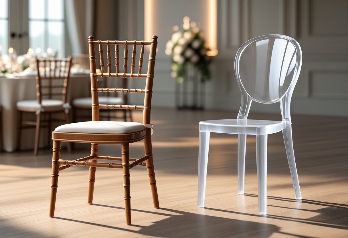 Two different event chairs placed side by side in an elegant indoor setting.