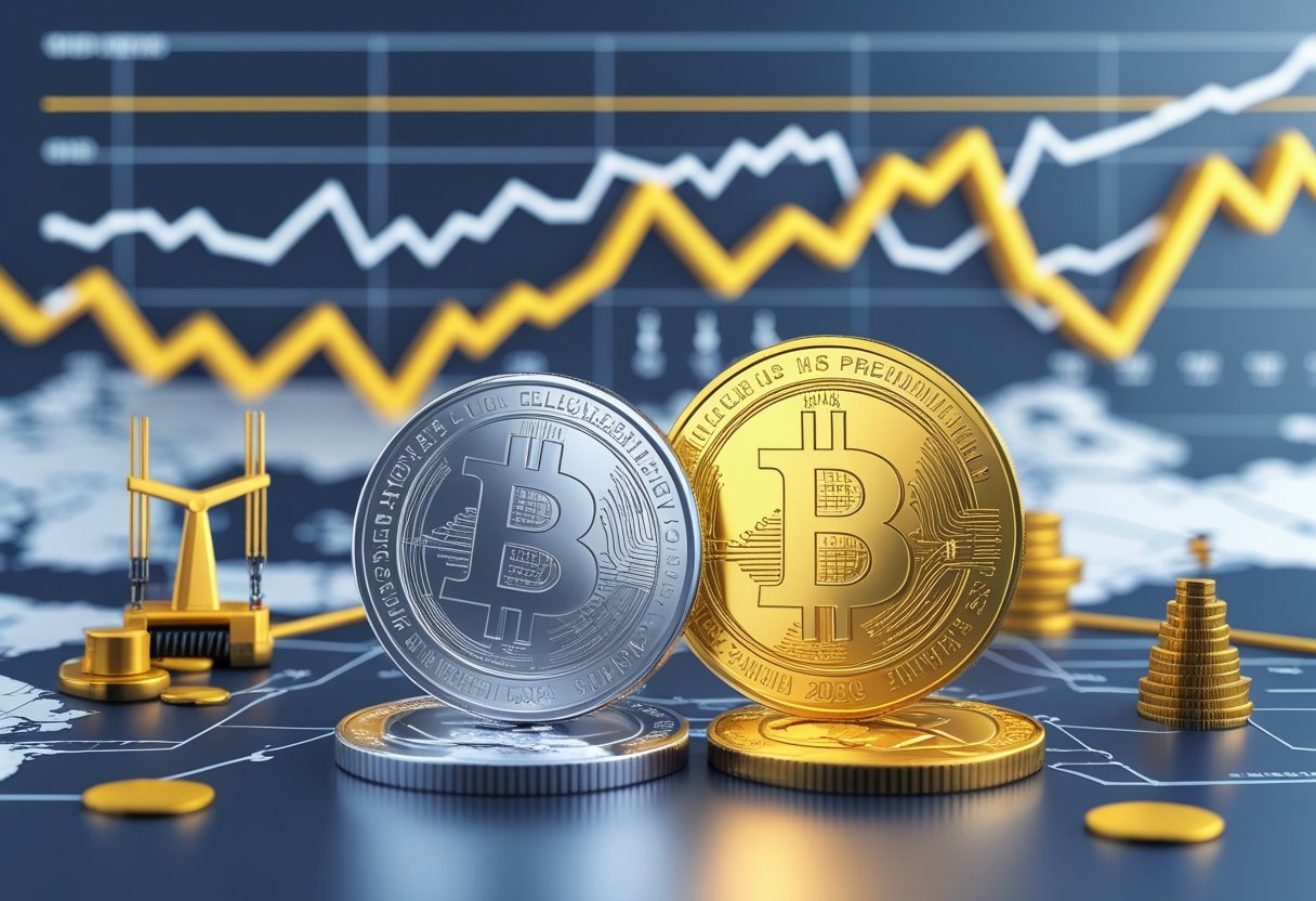 An illustration showing silver and gold coins with a financial chart in the background, highlighting silver's faster price increase and symbols representing industrial demand and global economy.