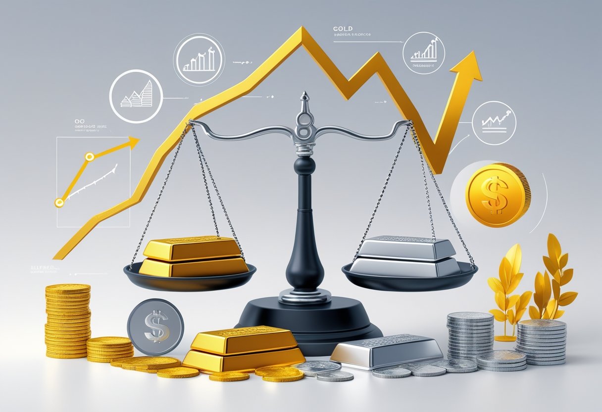 A balanced scale showing gold bars on one side and silver bars on the other, with silver slightly higher, surrounded by icons representing economic factors like graphs, coins, and magnifying glass.