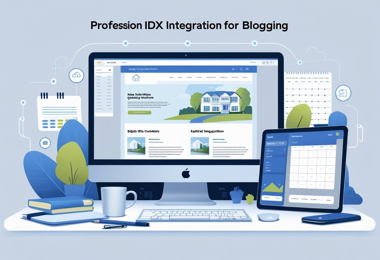 How to Blog Around Your IDX Pages: Friendly Strategies to Boost SEO and Leads A home office desk with a computer displaying real estate listings and blog content, surrounded by a notepad, coffee cup, smartphone with a map, and calendar, symbolizing IDX integration and blogging.