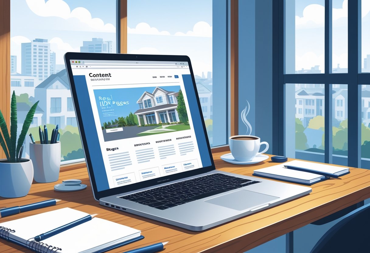 How to Blog Around Your IDX Pages: Friendly Strategies to Boost SEO and Leads A workspace with a laptop showing real estate listings and blog content, surrounded by notebooks and a coffee cup, with a cityscape visible through a window.