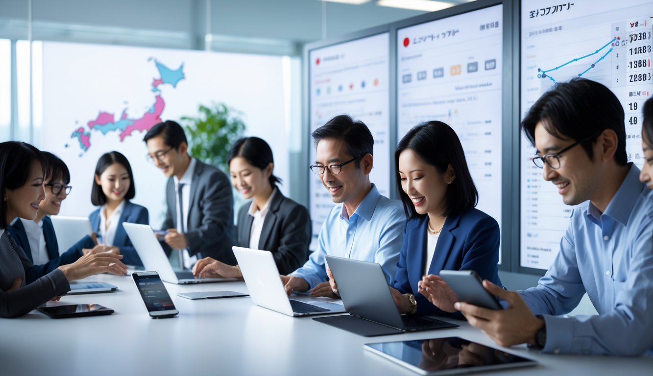 Orang-orang menggunakan perangkat digital di kantor modern dengan latar belakang elemen Jepang seperti bunga sakura dan Gunung Fuji.