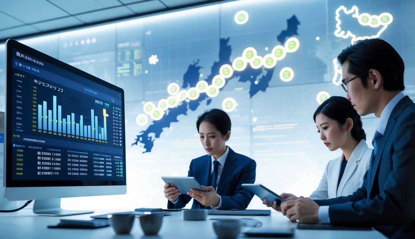 Orang-orang profesional sedang menganalisis data hasil lotere Jepang di kantor modern dengan komputer dan perangkat digital.