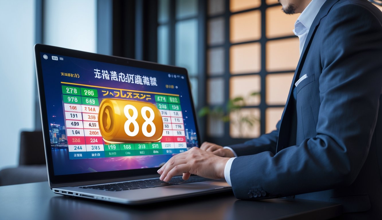 Seorang profesional menggunakan komputer dengan tampilan hasil angka lotere Jepang yang akurat dan cepat di latar belakang dengan elemen budaya Jepang.