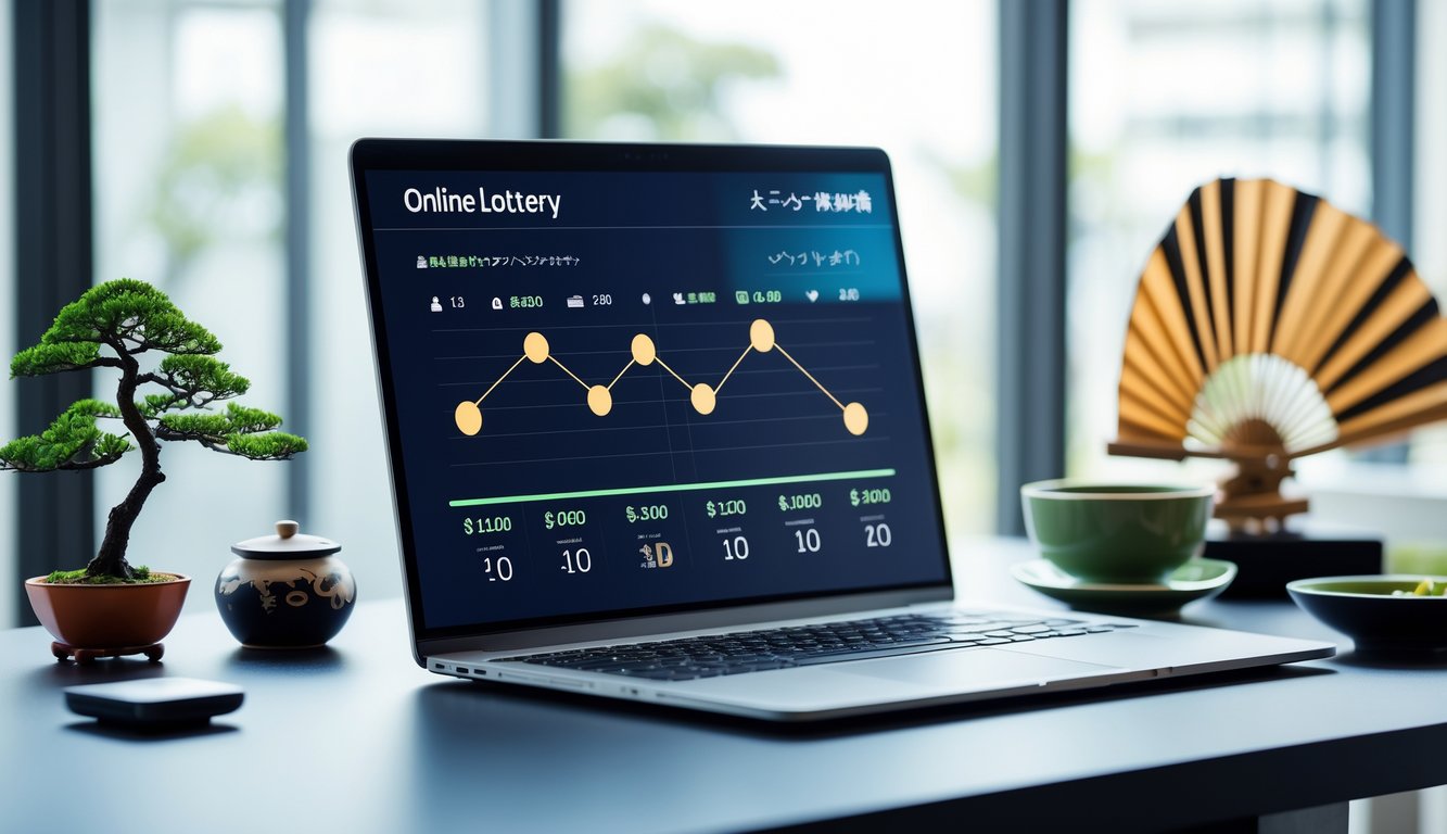 Meja kerja modern dengan laptop yang menampilkan antarmuka digital terkait judi online Jepang, dikelilingi elemen budaya Jepang seperti bonsai dan teh hijau.