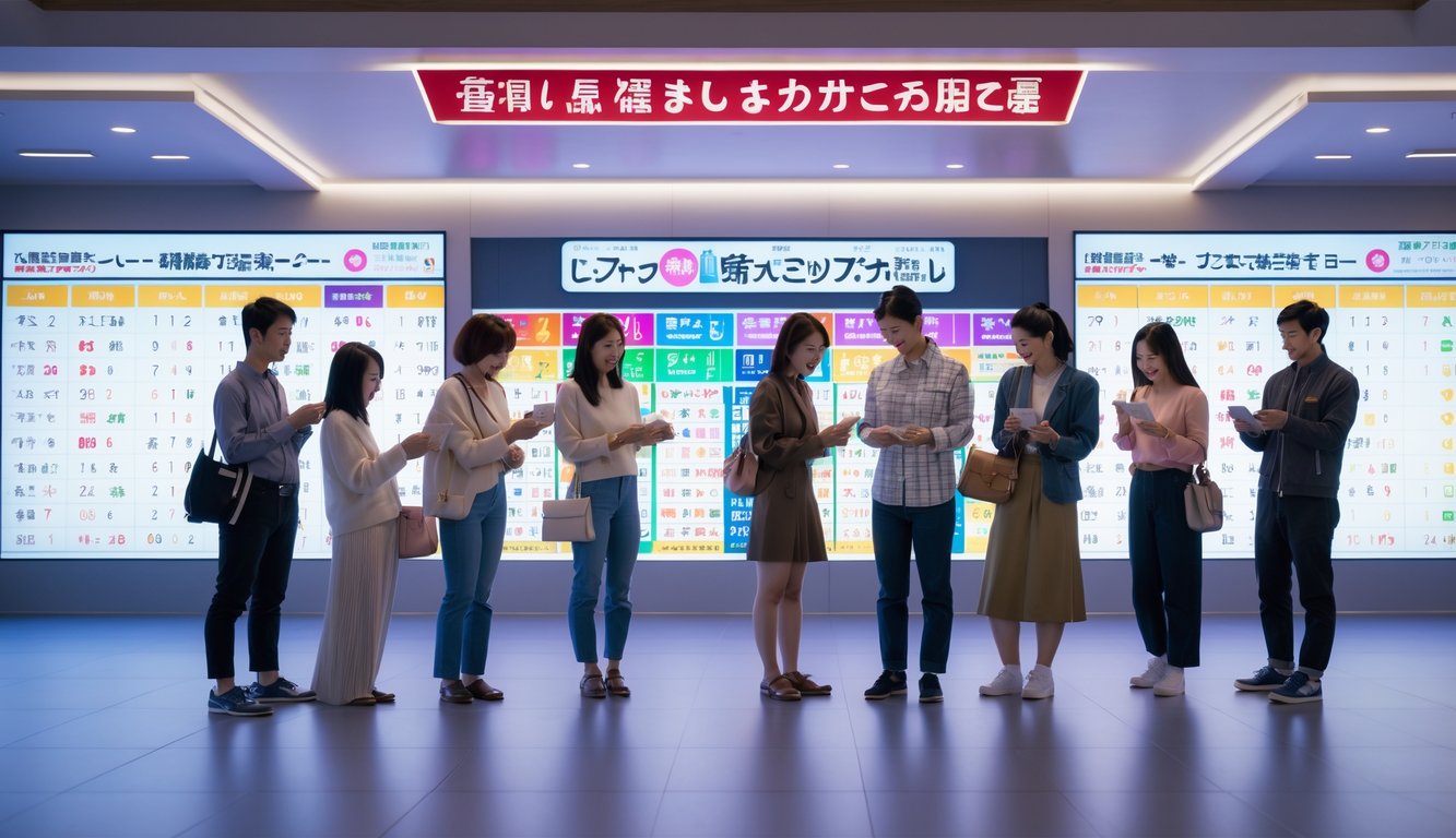 Orang-orang di ruangan modern sedang memeriksa tiket lotre dengan ekspresi senang dan suasana yang cerah dan ramai.