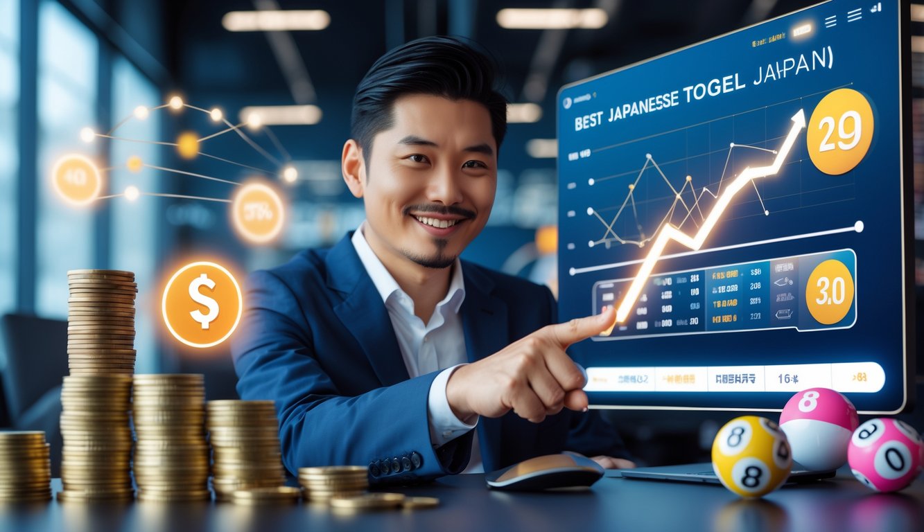 Seorang pria Asia di kantor modern menunjuk ke layar digital dengan grafik dan ikon lotre, dikelilingi oleh koin dan bola lotre.