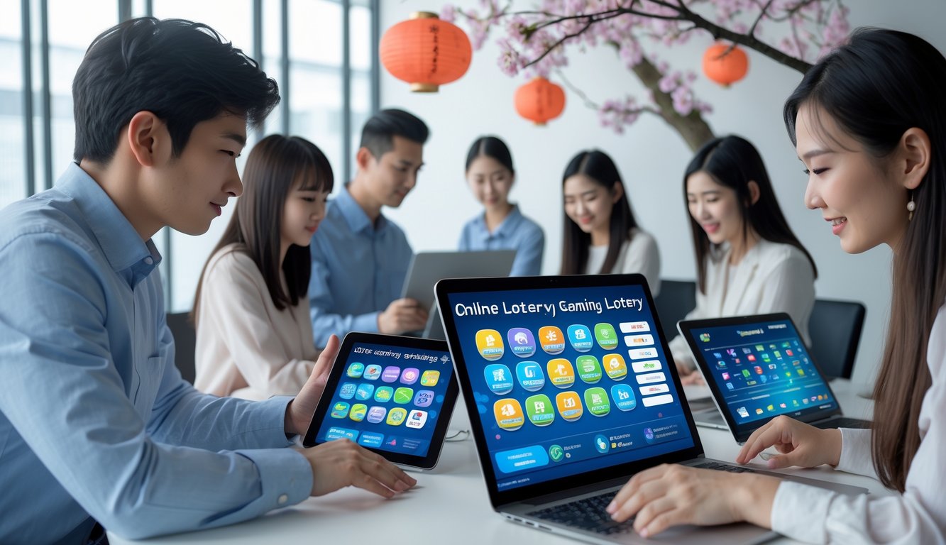 Sekelompok orang muda menggunakan perangkat digital di kantor modern dengan dekorasi Jepang yang tenang.