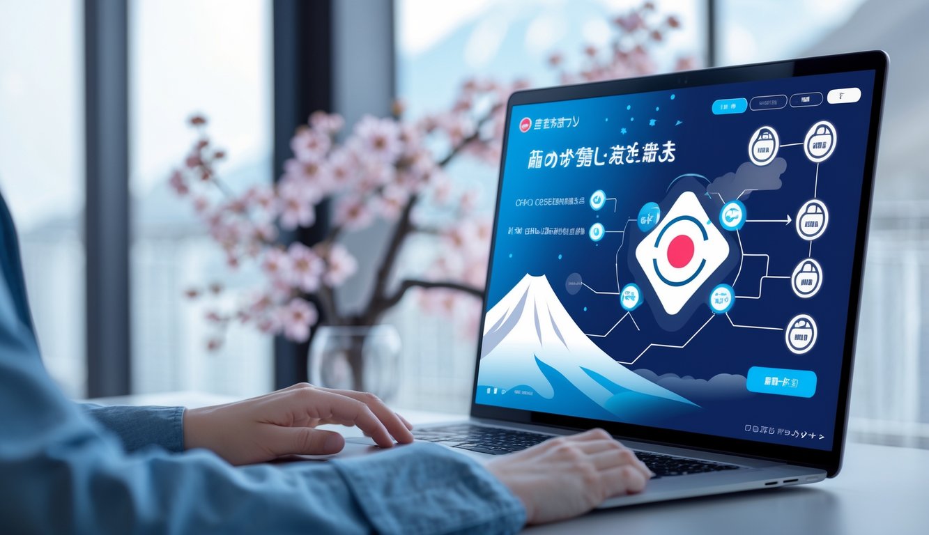 Seorang pengguna mengakses komputer dengan tampilan antarmuka digital yang menampilkan elemen Jepang dan ikon keamanan, di ruang kerja yang rapi dan terang.