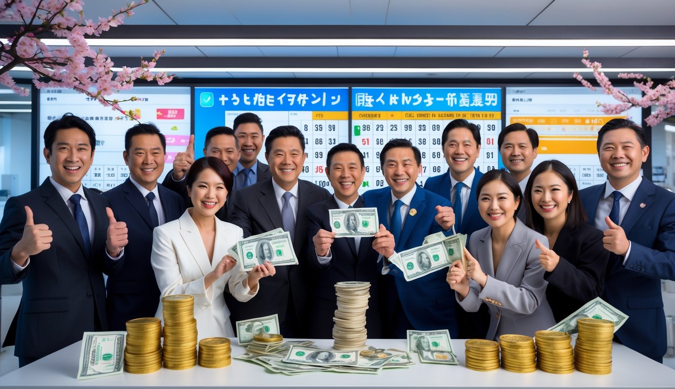 Sekelompok profesional Asia di kantor modern merayakan kemenangan lotere dengan layar digital menampilkan angka dan tumpukan uang serta koin emas.