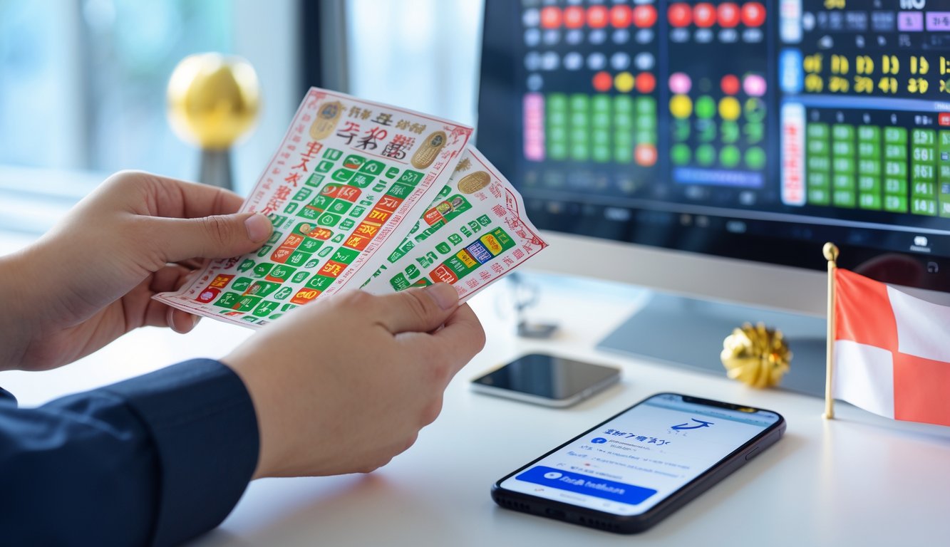 Tangan seseorang memegang tiket lotre dengan latar belakang layar digital menampilkan angka lotre dan ponsel yang menunjukkan konfirmasi pembayaran.