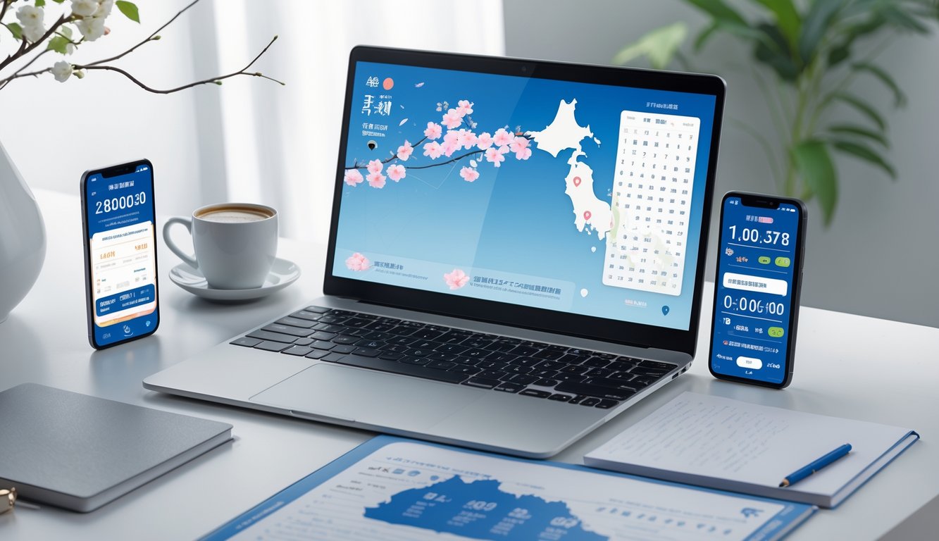 Meja kerja modern dengan laptop dan smartphone yang menampilkan elemen terkait permainan togel Jepang, dilengkapi dengan cangkir kopi dan alat tulis.