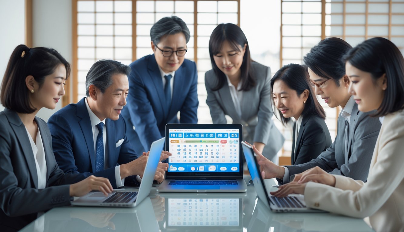 Beberapa orang sedang berkumpul di meja dengan perangkat digital, fokus pada analisis angka lotere Jepang.
