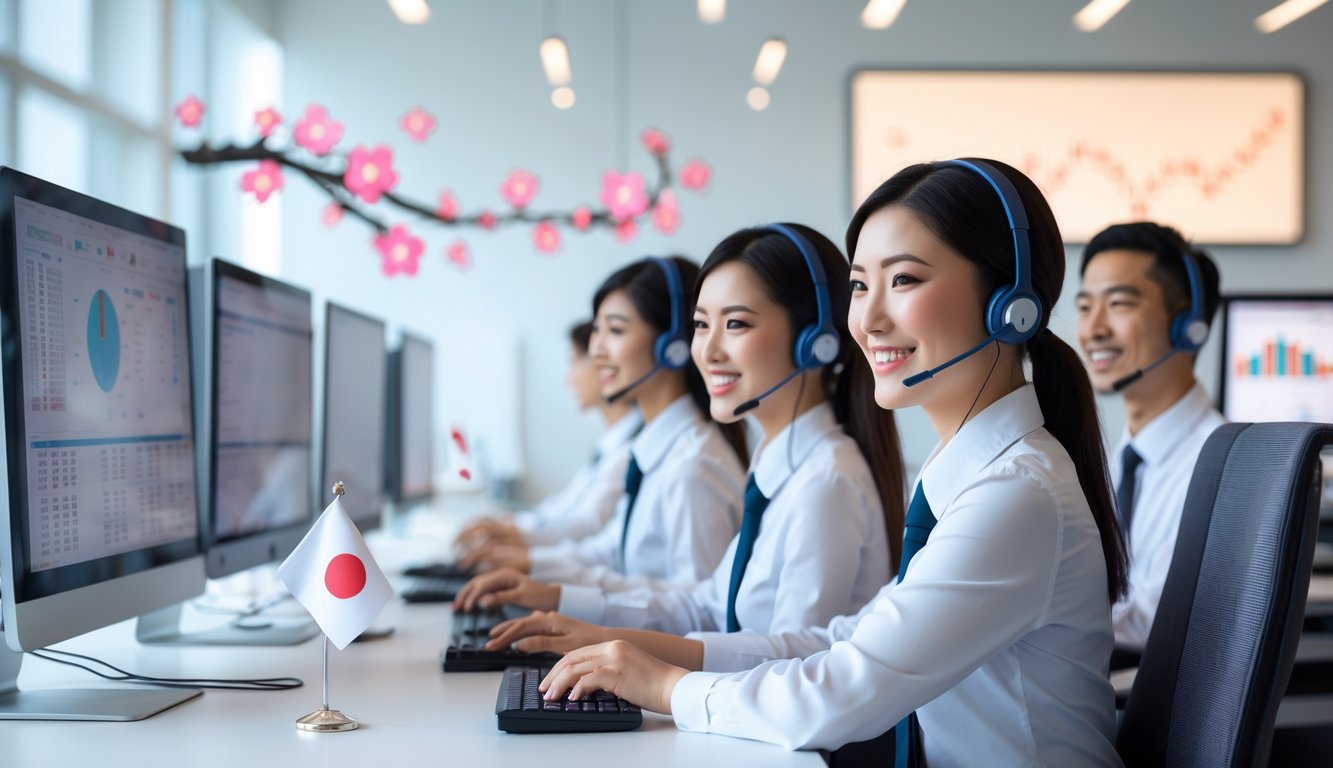 Tim layanan pelanggan yang ramah bekerja di pusat layanan dengan komputer dan headset, menampilkan suasana kantor modern dengan elemen budaya Jepang.